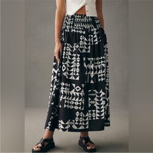 Anthropologie Smocked Yoke Skirt Maxi Skirt Black White Geometric Print Size XS
